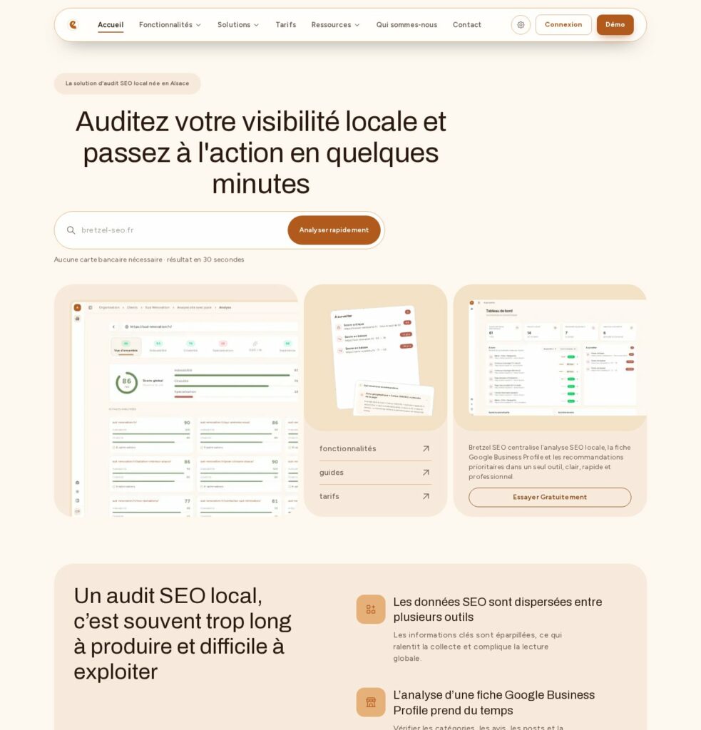 Page d'accueil de Bretzel SEO, outil d'audit SEO local, sur ordinateur
