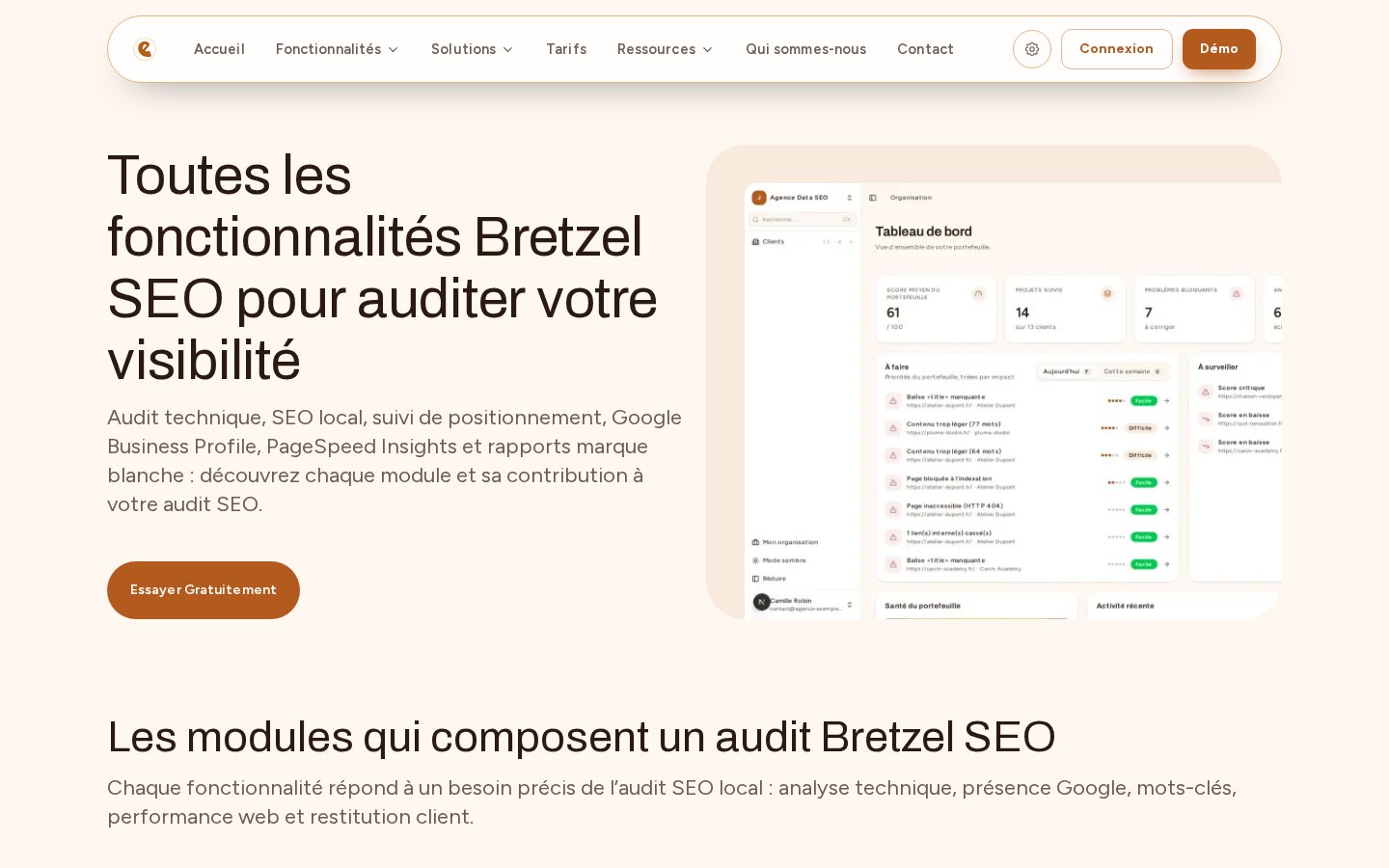 Page fonctionnalités de l'outil d'audit SEO local Bretzel SEO