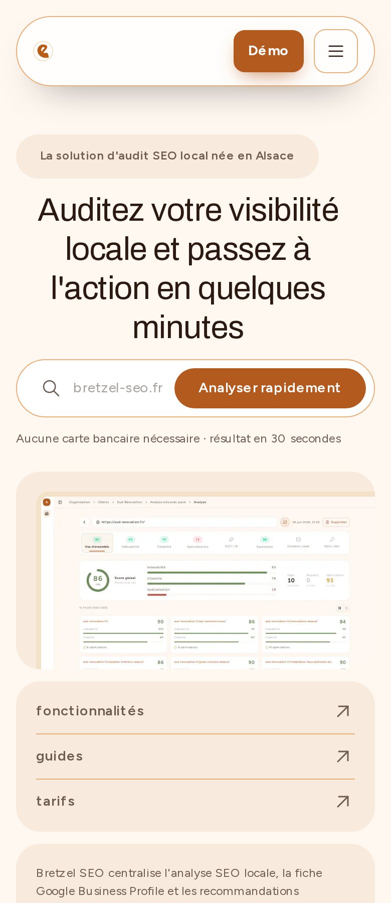 Page d'accueil de Bretzel SEO, outil d'audit SEO local, sur mobile