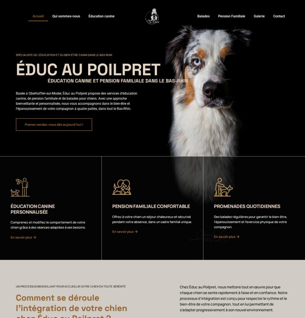 Page d'accueil du site d'Éduc au Poilpret, éducatrice canine dans le Bas-Rhin, sur ordinateur