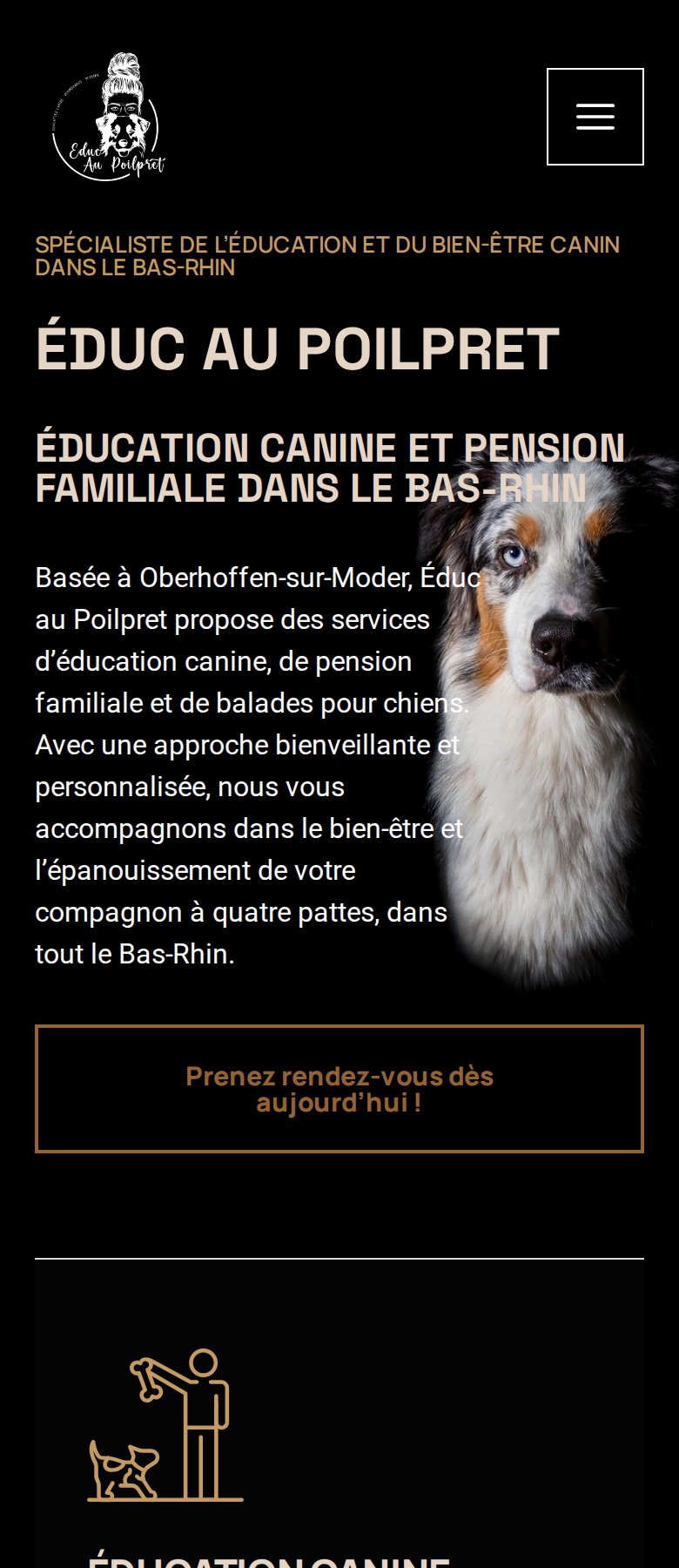 Page d'accueil du site d'Éduc au Poilpret, éducation canine et pension, sur mobile