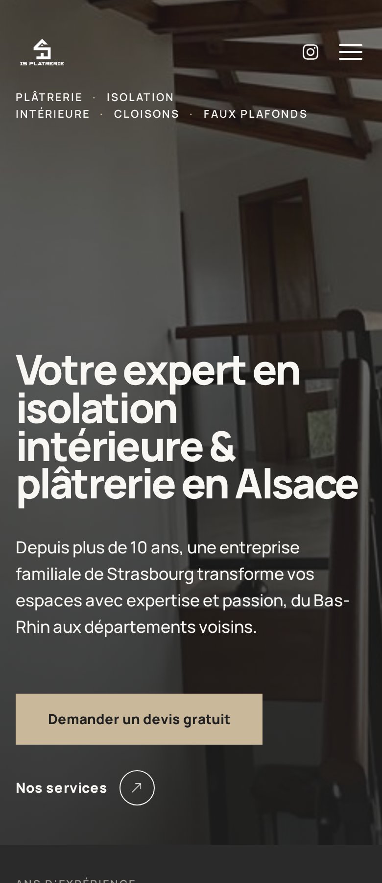 Page d'accueil du site d'IS Plâtrerie, plâtrerie et isolation à Strasbourg, sur mobile