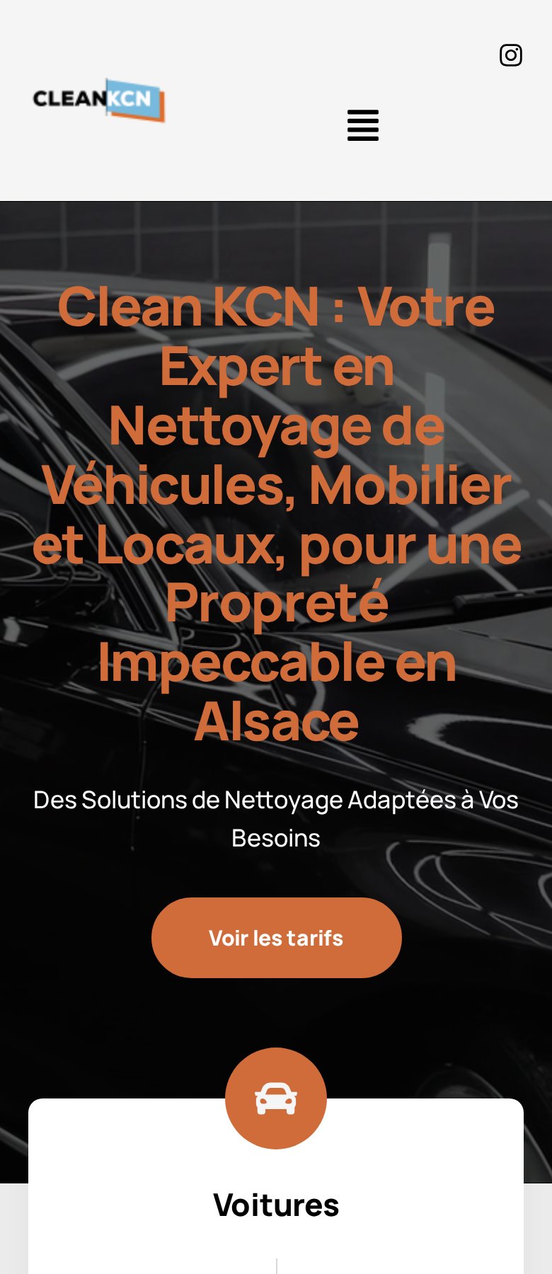 Page d'accueil du site de Clean KCN, nettoyage de voitures, mobilier et locaux, sur mobile