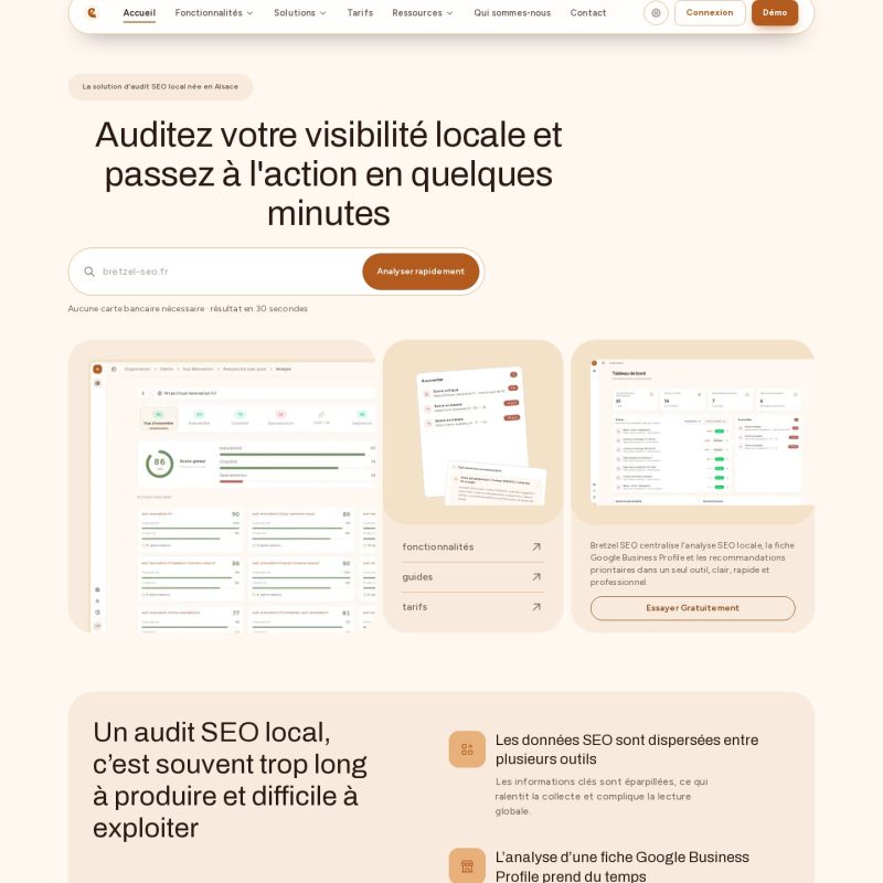 Page d'accueil de Bretzel SEO, outil d'audit SEO local, sur ordinateur