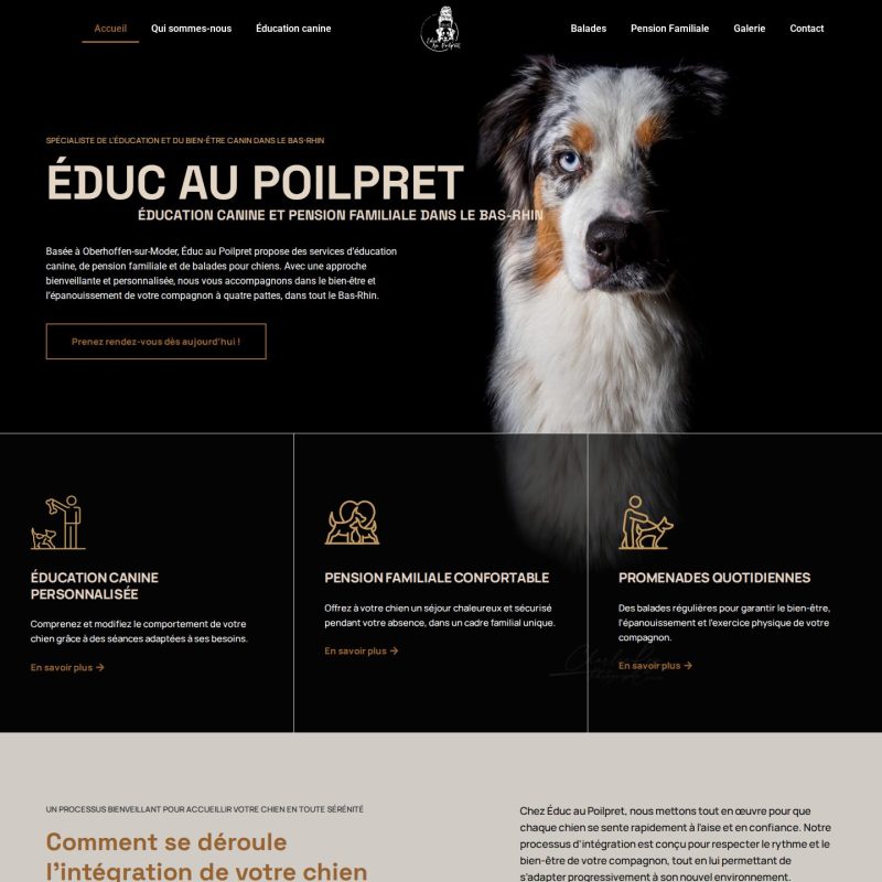 Page d'accueil du site d'Éduc au Poilpret, éducatrice canine dans le Bas-Rhin, sur ordinateur
